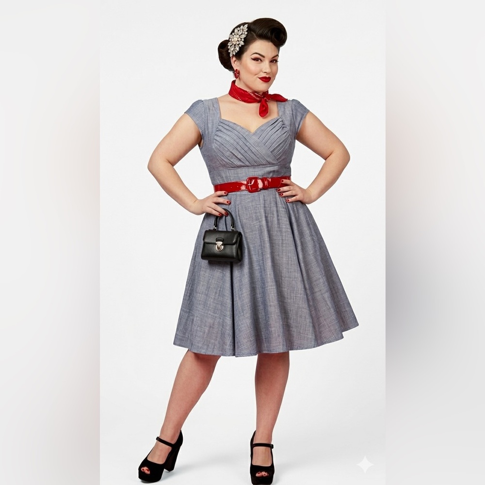 eShakti Blue Chambray Pleated Midi Dress - Picture 2 of 13